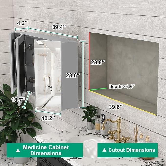 40 x 24 Farmhouse Medicine Cabinet, Tempered Frameless Bathroom Mirror with Storage, Silver Recessed or Surface Mount Aluminum Medicine Cabinet for Bathroom Modern-Large