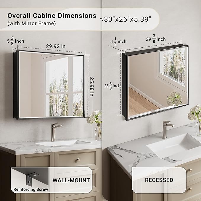 30''x 26'' Black Medicine Cabinet Mirror, Surface or Recessed Aluminum Framed Medicine Cabinet with Beveled Mirror, Full-Assembled, Adjustable Shelves,Reversible Bathroom Mirror with Storage