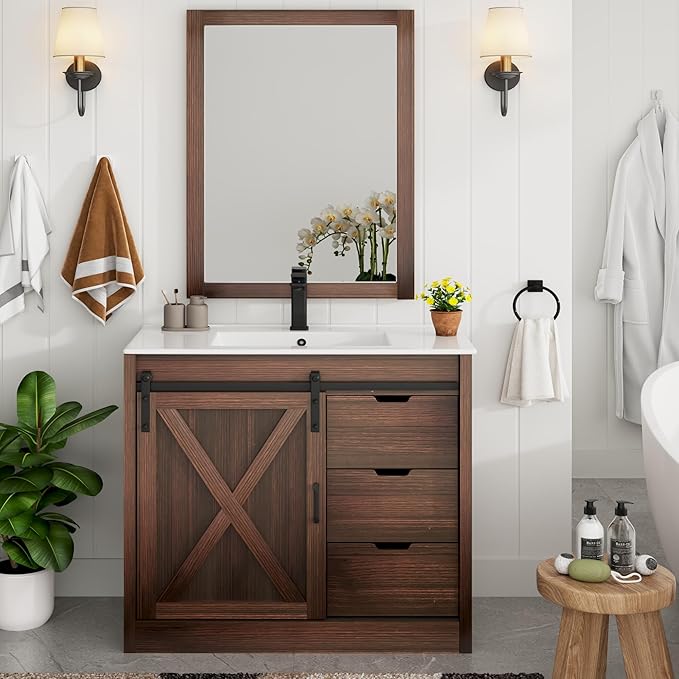 36 Inch Bathroom Vanity with Sink & Faucet & Mirror, Farmhouse Bathroom Vanity Cabinet Set with Sliding Barn Door & Drawers, Small Single Bath Storage Vanity Sink, Brown