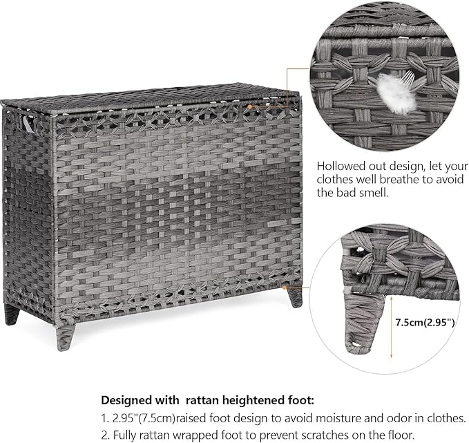 Laundry Hamper with 4 Removable Liner Bags; 176L Handwoven Rattan Laundry Basket with Lid & Heightened Feet; Clothes Hamper with Side Handles(Gray)