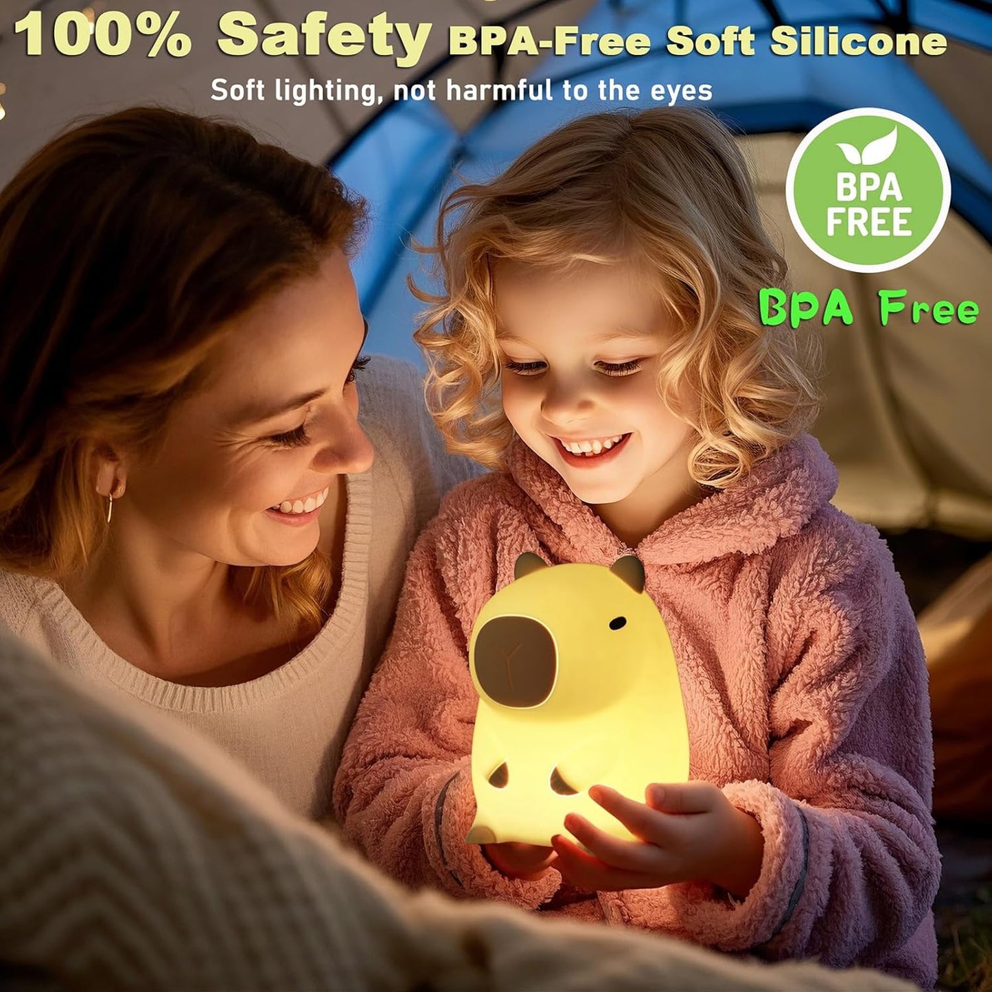 Cute Capybara Night Light,LED Squishy Animal Night Lamp,Soft Silicone Novelty Nightlight,Kids Funny Capybara Lamp Gifts,2 Level Dimmable Boys Girls Light Up Room Décor Rechargeable Touch Lamp