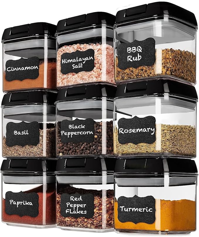 Shazo 9 PC Airtight Food Storage Containers - BPA Free Clear Plastic Snack & Spice Containers with Easy Lock Lids - Kitchen and Pantry Organization for Herbs, Coffee, Tea - 0.5L / 2.1 Cups