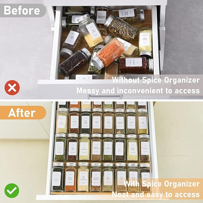 Spice Drawer Organizer with 20 Spice Jars,216 Labels,25 Non-slip Rubber, Bamboo 4 Tier Seasoning Rack Tray Insert for Kitchen Drawers,Cabinets,Countertop,11" Wide x 15.8" Deep