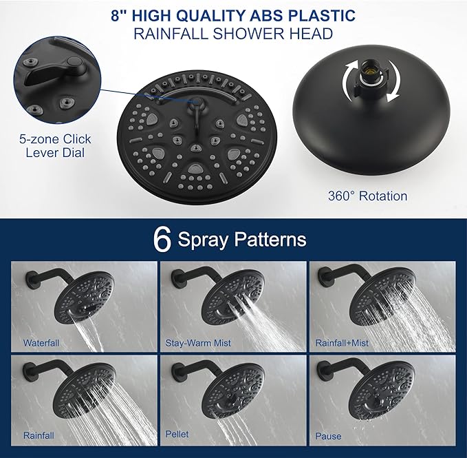SHAMANDA 15-Function Shower System with Valve and Trim, Bathroom Luxury Shower Faucets Sets Complete with 9 Setting Handheld showerhead & 6 Setting Rain Shower, Wall mounted, Matte Black, L8082-7