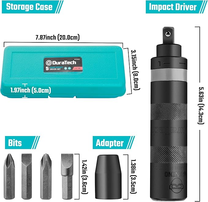 DURATECH 1/2 Inch Hand Impact Driver Set, Manual Reversible Impact Screwdriver Set, S2 Steel Bits, 5-Piece, for Tighten/Loosen Rusted or Frozen Fasteners, Organized in Storage Case