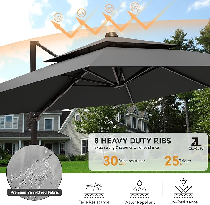 9x12FT Grey Cantilever Outdoor Patio Umbrella with Base, Large Rectangular Offset Design, Double Top Heavy Duty Aluminum Frame & 360° Rotation for Pool Garden Deck Backyard