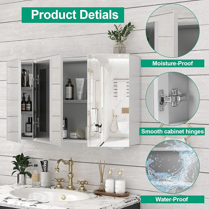 40 x 24 Farmhouse Medicine Cabinet, Tempered Frameless Bathroom Mirror with Storage, Silver Recessed or Surface Mount Aluminum Medicine Cabinet for Bathroom Modern-Large