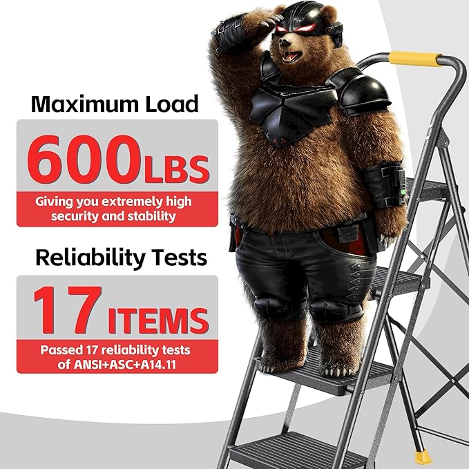 Step Ladder Foldable Folding Stool - for Home Adults Kitchen 4 Stepping Extension Tall Heavy Duty with Handrails - Closet Stepstool Stair Ladders Extendable Stepladder for Indoor House 600Lbs