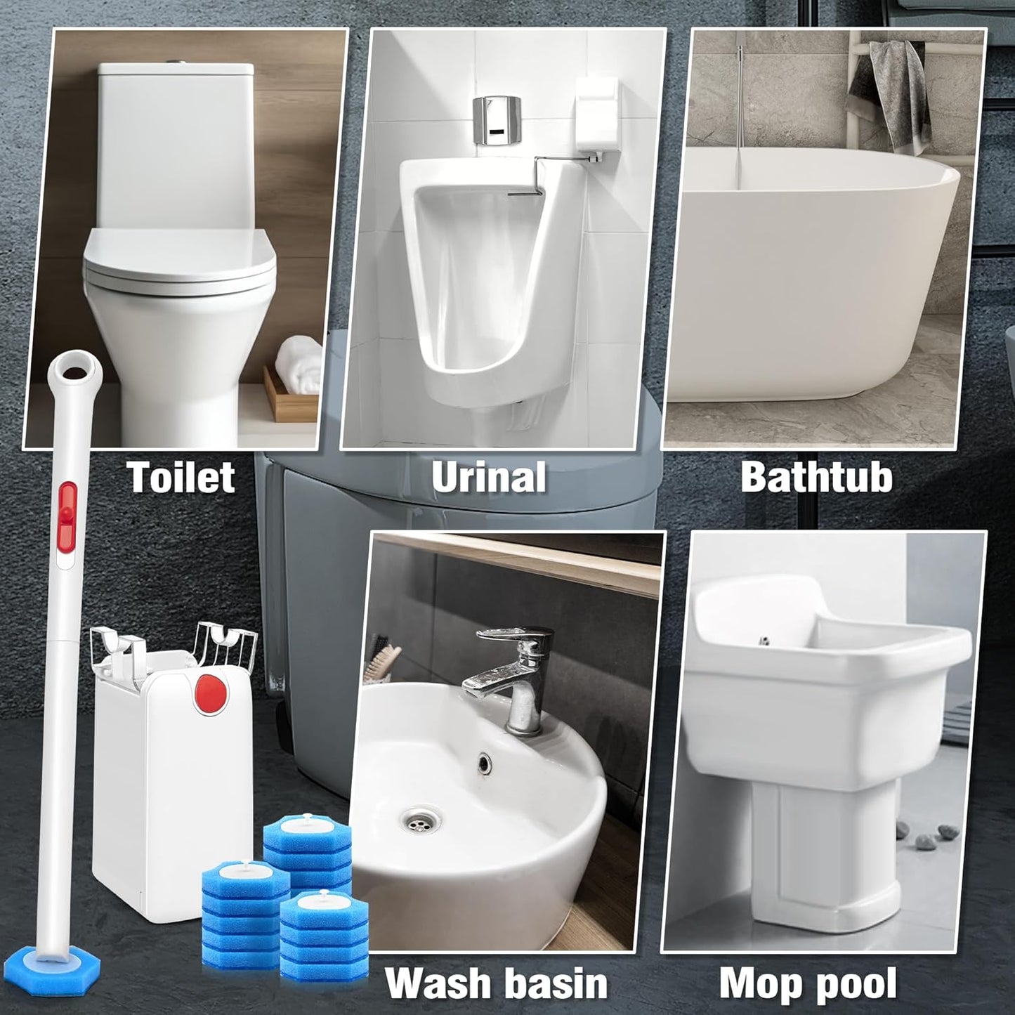 JEHONN Disposable Toilet Bowl Cleaner Wand with Upgraded Clamping System, Wall Mounted Bathroom Scrubber Brush for Bathtub Sink Wash Basin, 16 Refills