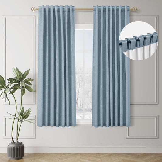 BOODII Blue Black Out Curtains 63 Inch Long for Bedroom Window Room Darkening Full Light Blocking Curtains Back Tab Neutral Elegant Nursery Baby Blackout Curtain Thermal Insulated Linen Drapes 52x63