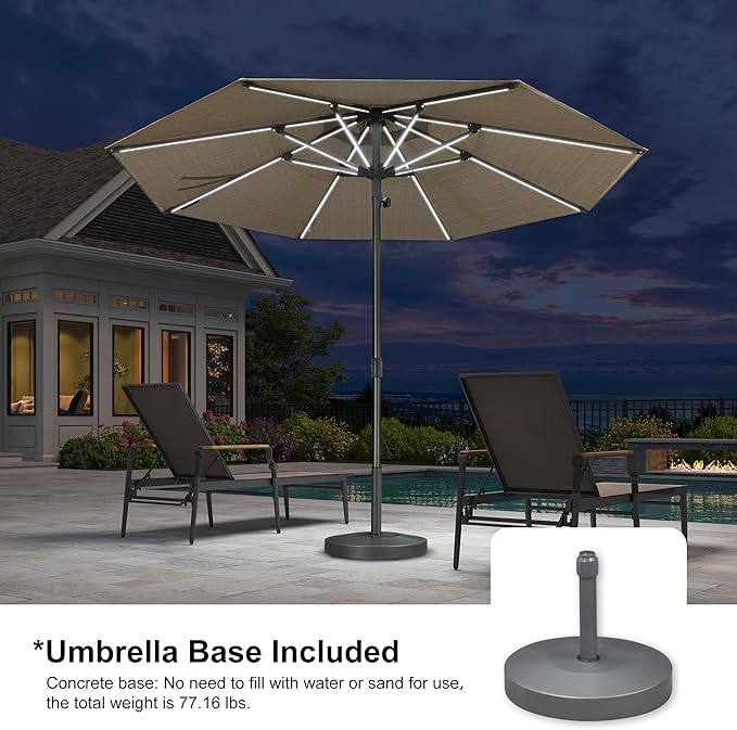 PURPLE LEAF 10 FT Semi-Auto Outdoor Patio Umbrella with Base Market Table Sun Umbrellas with Led Lights and 8 Aluminum Sturdy Ribs for Backyard Deck Garden Pool(Gray Pole Beige Canopy)