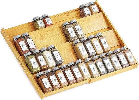 SpaceAid Bamboo Spice Drawer Organizer, (Need 3" Deep Drawer) Expandable 4 Tier Spices Rack for Cabinet, Kitchen Seasoning Storage Insert (Jars Not Included, From 12" to 23" Wide)