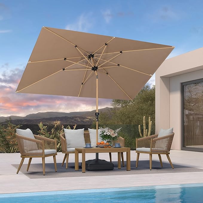 PURPLE LEAF 6.5' x 10' Patio Umbrella Outdoor Table Umbrella Aluminum Market Umbrella with Push Button Tilt & 8 Sturdy Ribs and Crank Rectangular Sun Umbrella for Pool Backyard Beach, Taupe