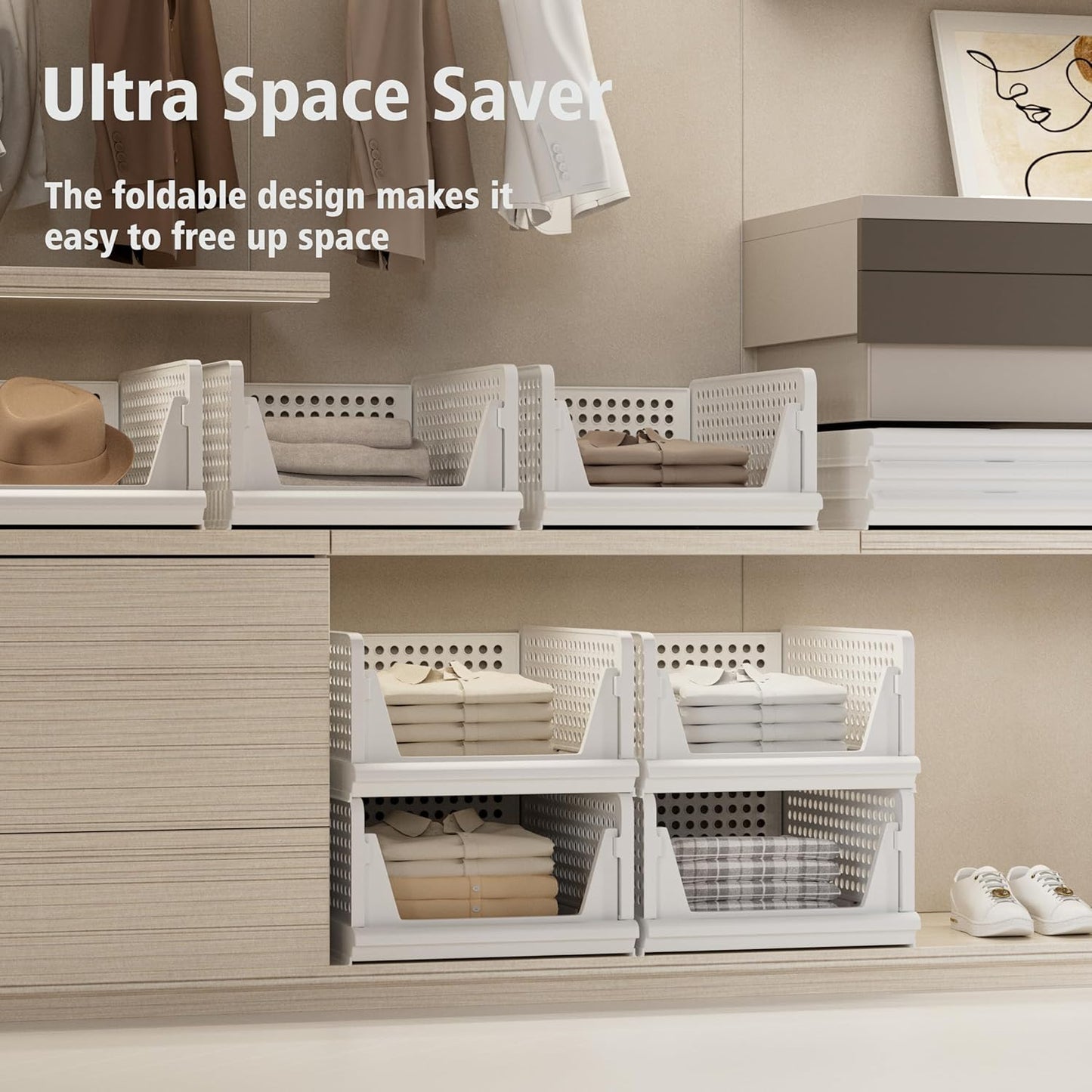 Stackable Plastic Storage Basket Closet Organizer Bin Foldable Clothes Organizer Storage Drawer Shelf Container for Living Room Bathroom Kitchen Office Laundry Room