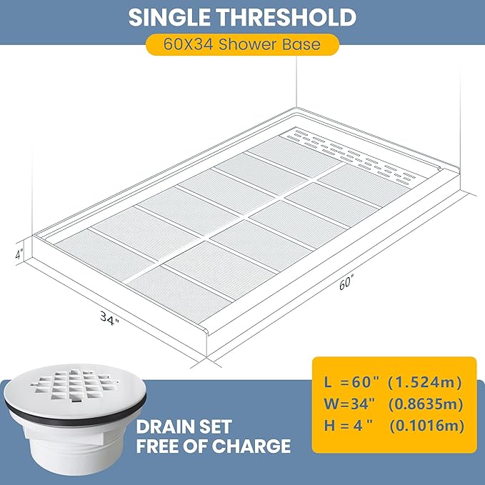 Shower Base Pan in White Right Linear Drainer, Rectangular Shower Base 60"×34"×4" with Non-Slip Floor Panel and Stainless Steel Shower Drain Cover
