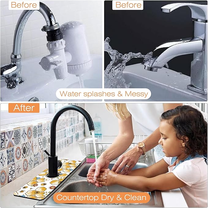 Kitchen Sink Splash Guard Faucet Mat Cute Bees and Honeycomb Sink Splash Guard Behind Faucet,1 PC Soft Diatom Mud Non-Slip Mat-for Kitchen,Dish Drying Mat,Bathroom Faucet Mat 15.5""X5.5""