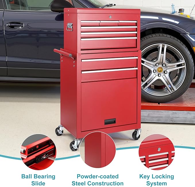 Tool Chest 8 Drawers Garage Storage Cabinet 2 in 1 Steel Frame Tool Chest with Wheels, Liner, Detachable Top, Lockable Wheels and Side Hooks for Garage, Red