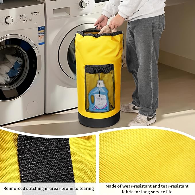 Laundry Bag Backpack with Shoulder Straps and Mesh Pocket Foldable Laundry Hamper for College, Apartment, Laundromat (Yellow)