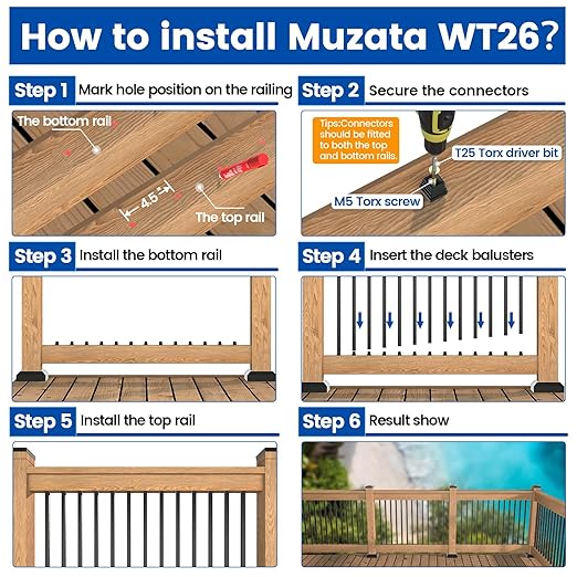 Muzata 100Pack 32" x3/4" Aluminum Deck Balusters Square Baluster Deck Railing Black Hollow Spindles with Screws for Railing Fencing Porch WT26