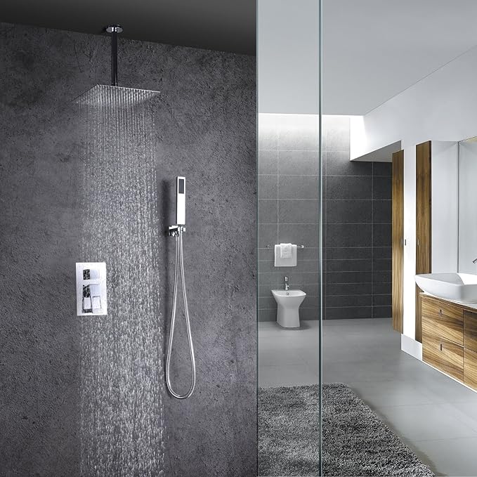 sumerain Shower System Ceiling Mount with Rough-in Valve, Rain Showerhead and Hand Shower, Chrome Finish