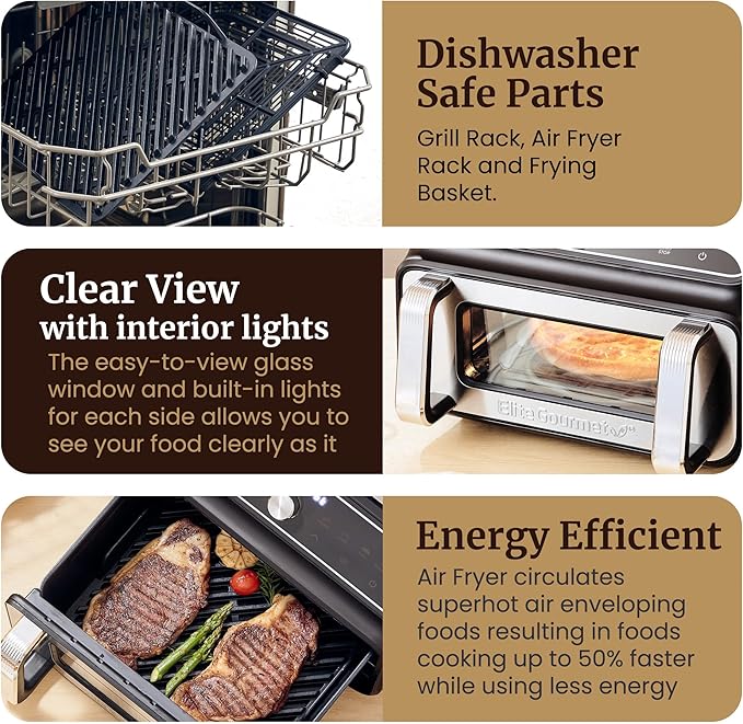 Elite Gourmet EAF2411G Digital Indoor Grill/Air Fryer Oven, 11L Capacity, Grill Rack, 8 Presets, Bake, Roast, Broil, Dehydrate, 1700-Watts, 25 Delicious Recipes, Stainless-Steel/Black