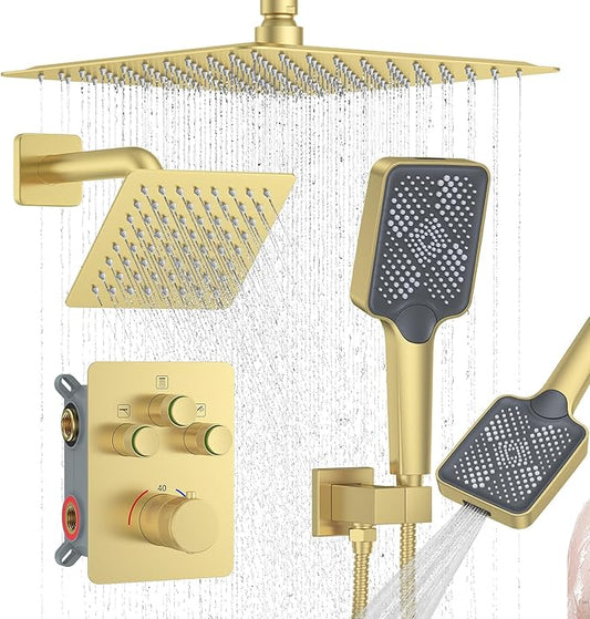 KOJOX Brushed Gold Thermostatic Shower System, Push Button Diverter Shower Faucet Set with 12" Ceiling Mount Rain Shower, 6" Wall Mount Shower Head, and 4-in-1 Handheld Spray