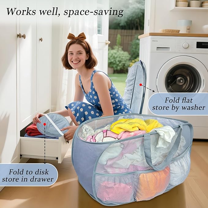 Collapsible Laundry Baskets 2 Pack, Mesh Pop Up Hamper with Handles, Portable Stair Basket, Dorm or Room Folding Bin, Dirty Clothes Hamper Light Breathable. Grey. 2H