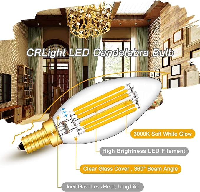 CRLight 6W 3000K Dimmable LED Candelabra Bulb Soft White, 80W Equivalent 800LM, E12 LED Light Bulbs, B11 Candle Clear Glass Decorative Chandelier Bulbs, Smooth Dimming Version, 8 Pack