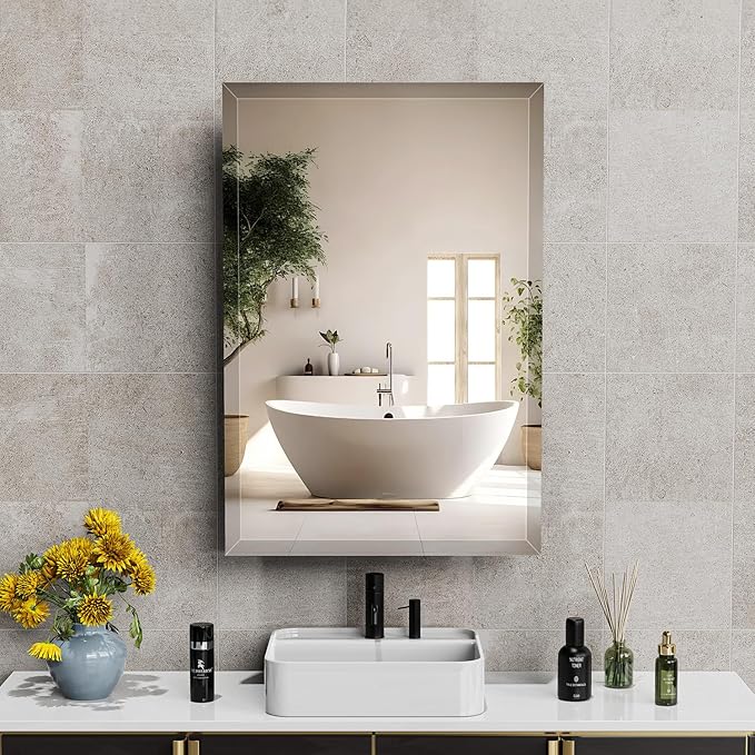 16X24 Inches Medicine Cabinet, Wall Mounted Bathroom Cabinet wirh Beveled Mirror, Recessed or Surface Medicine Cabinet with Storage