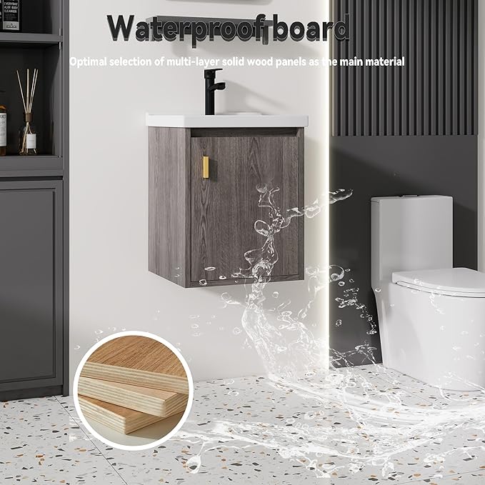 16'' Bathroom Vanity with Ceramic Sink Combo, Wall Mounted Small Bathroom Vanity with Soft-Close Door Modern Floating Cabinet, Pop-up Drain, P-Trap Included, GreyWalnut(No Faucet)