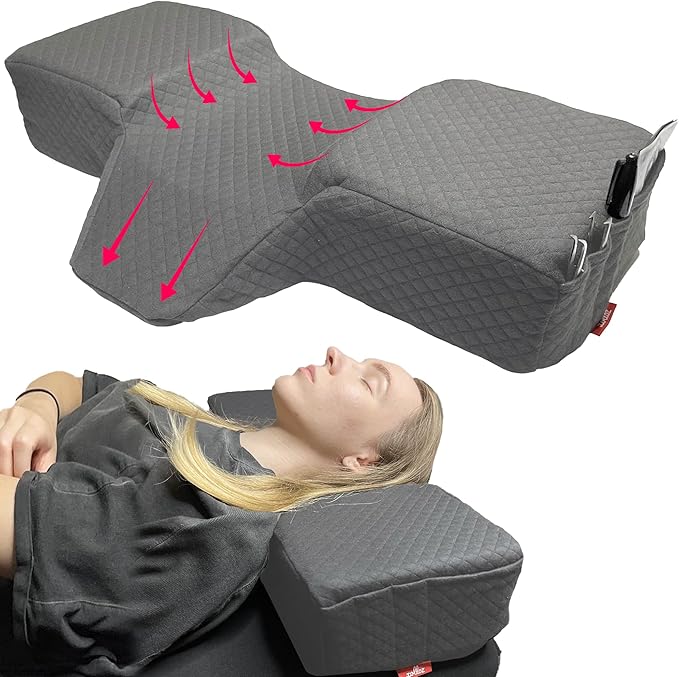 Pillow for Eyelash Extensions - Curved Memory Foam Lash Bed Pillow with Neck and Back Support, Perfect Pillow for Eyelash Extensions, Two Pockets for Tools On The Sides of Pillow (Gray)