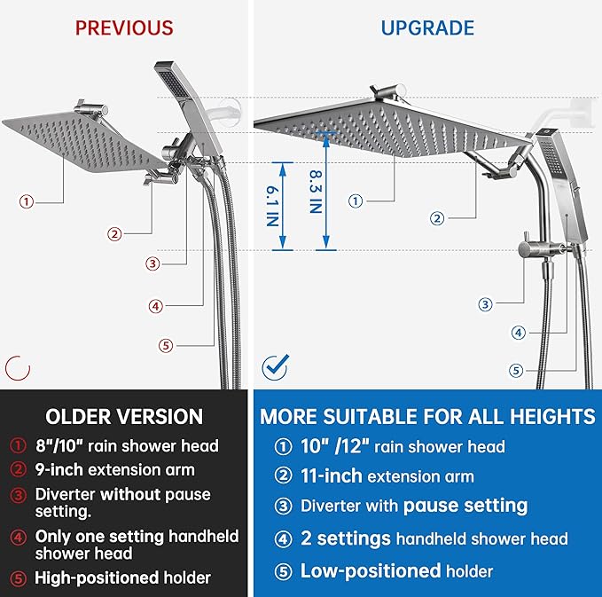 G-Promise All Metal 12 Inches Rain Shower Head with Handheld Built-in Power Wash Mode, 3-way Diverter with Pause Setting, 11 Inches Adjustable Extension Arm with Lock Joint, Long Hose (Brushed Nickel)