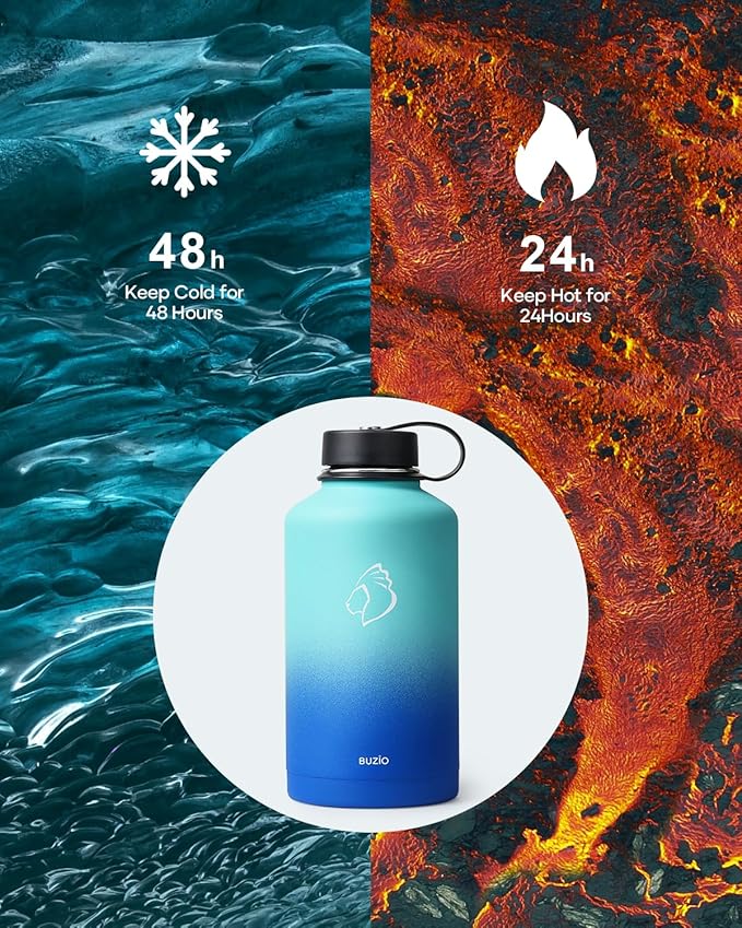 BUZIO Vacuum Insulated Stainless Steel Water Bottle 64oz (Cold for 48 Hrs/Hot for 24 Hrs) BPA Free Double Wall Travel Mug/Flask for Outdoor Sports Hiking, Cycling, Cam,Camping, Running, Pacific Dream