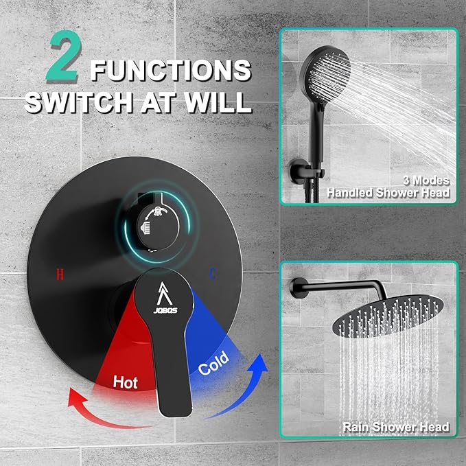 Shower Faucet Set 12IN Brass Rough-In Valve Body Trim Kit Rainfall Included Handle Accessories Complete 2 Functions with Rain Head and Handheld Bathroom Systems (12'', Matte Black)