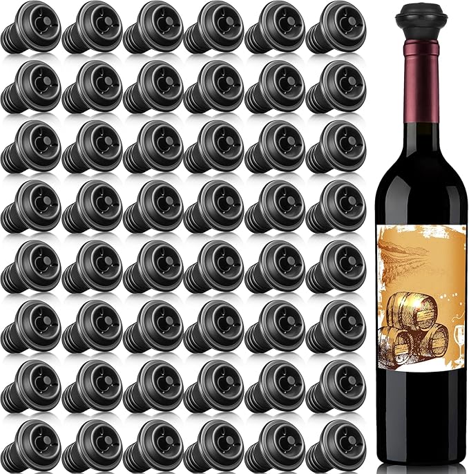 Honoson Wine Stopper Resealable Wine Pump Vacuum Stoppers Vacuum Wine Stopper Silicone Wine Saver Stoppers Practical Wine Saver Stoppers for Kitchen Supplies Wine Bottle Tools (Black, 48 Pieces)