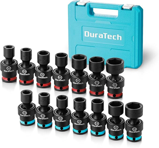 DURATECH 3/8" Drive Impact Swivel Socket Set, Shallow Universal Wobble, SAE & Metric With Flexible Joint, 14 Pieces, Cr-Mo Steel, 6 Points, Organized in Sturdy Storage Case