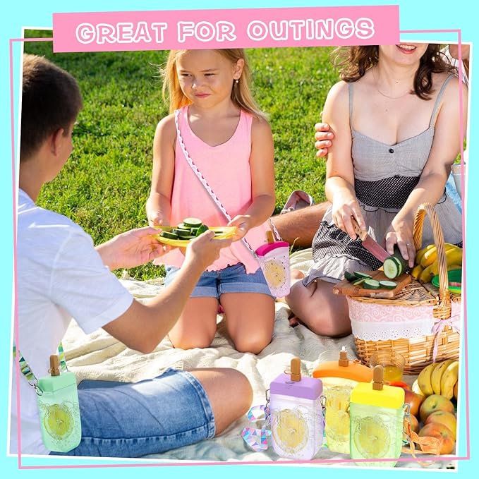 Patelai 8 Pcs Cute Water Bottles with Straw Kawaii Watermelon Ice Cream Cups Leak Proof Drinking Bottles with Adjustable Shoulder Strap for Sports Travel Camping(Classic Style)