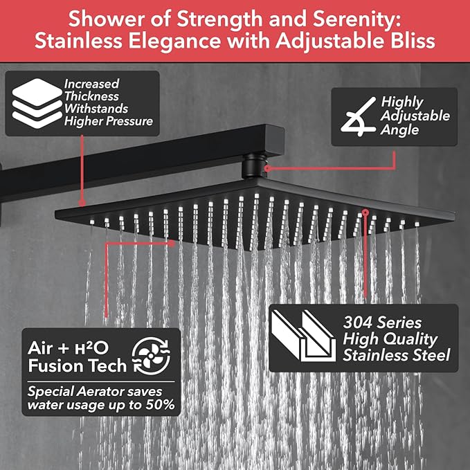 VANFOXLE Shower Faucet Set Matte Black Shower System,Three Modes Shower Faucet with 2 in 1 Handheld,Wall Mount 10 Inch Shower Head with 6 PCS Dual Modes Body Jets