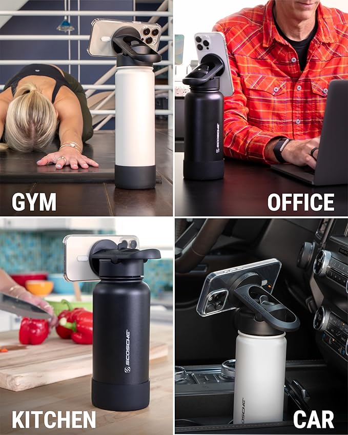 Scosche MFMS32 MagicMount Flask 32oz Stainless Steel Hot & Cold Insulated Sport Water Bottle w/Magnetic Mount Tripod Phone Stand Compatible w/MagSafe iPhone for Cup Holder/Gym/Men/Women/Travel/Black