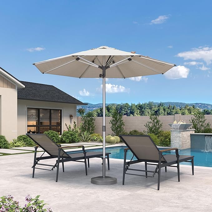 PURPLE LEAF 9 FT Semi-Auto Outdoor Patio Umbrella Market Table Sun Umbrellas with 8 Aluminum Sturdy Ribs for Backyard Deck Garden Pool (Silver Pole Beige Canopy)