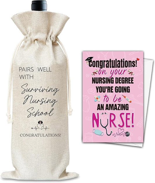 Graduation Wine Gifts Bag, Congratulations Nurse Graduate Reusable Wine Bag, Champagne Gifts Bag, Congrats Nurse Gifts For Women Man, Graduation Party Gifts, Burlap Drawstring Wine Bag With Card-20