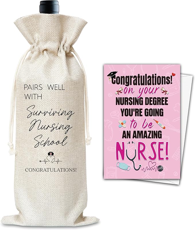 Graduation Wine Gifts Bag, Congratulations Nurse Graduate Reusable Wine Bag, Champagne Gifts Bag, Congrats Nurse Gifts For Women Man, Graduation Party Gifts, Burlap Drawstring Wine Bag With Card-20