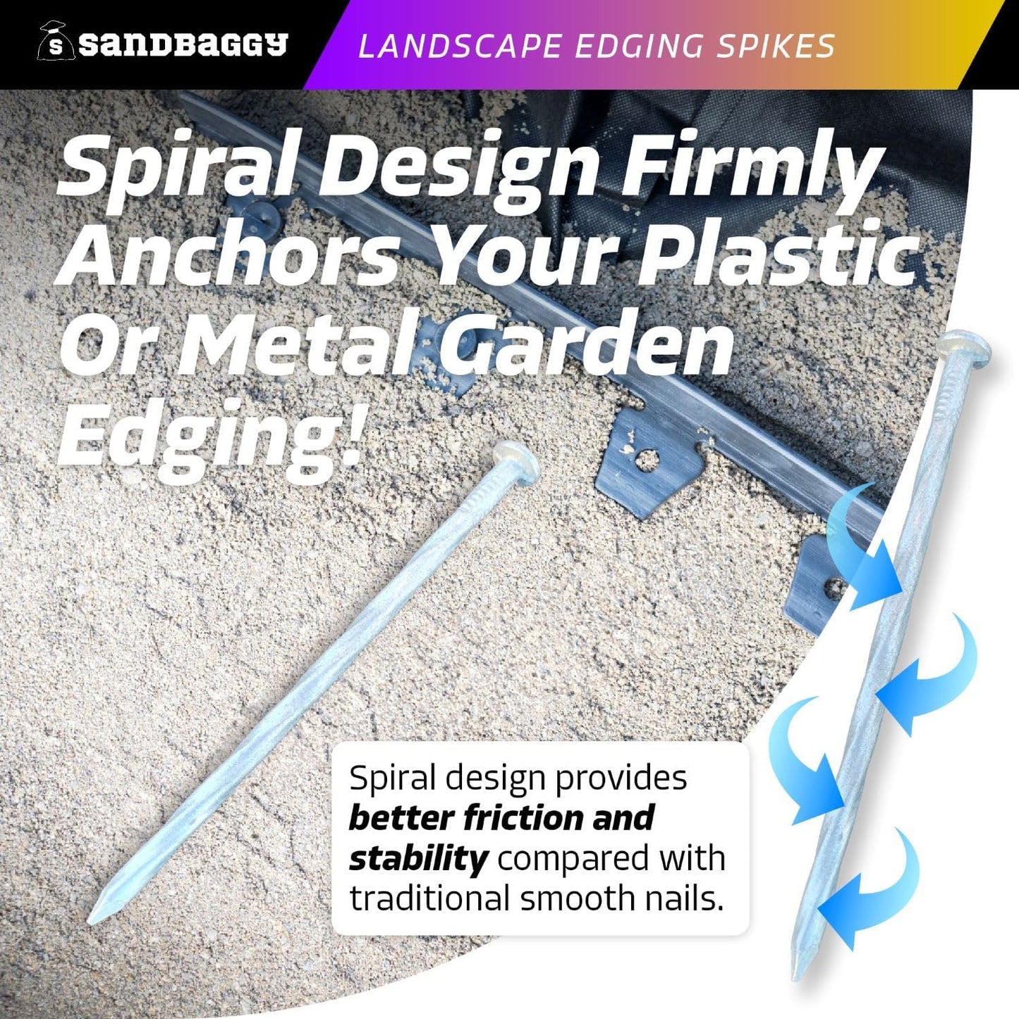 Sandbaggy 6 inch Galvanized Landscape Edging Spikes - Spiral Landscape Nails - 7 Gauge Steel - Great For Hard Rocky Soil - Also Great For Paver Edging, Artificial Turf, Landscape Fabric (1500, 6 inch)