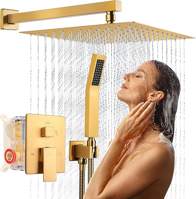 12 Inch Rainfall Shower System - Wall Mounted Complete Combo with Solid Brass Pressure Balancing Valve, High Pressure Shower Head, Handle Set & Installation Accessories Brushed Gold