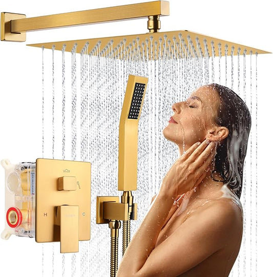 12 Inch Rainfall Shower System - Wall Mounted Complete Combo with Solid Brass Pressure Balancing Valve, High Pressure Shower Head, Handle Set & Installation Accessories Brushed Gold