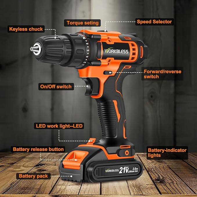 WORKBLESS 21V Power Drill Set, Cordless Drill with 2 Batteries and Charger, 3/8'' Keyless Chuck, Variable Speed, 18+1 Torque Setting and 28pcs Bits Tool Set(Orange)