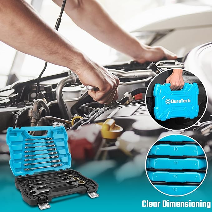 DURATECH Anti-Slip Flex-Head Ratcheting Wrench Set, Combination Wrench Set, 12-Piece, 72-Tooth, Metric, 8-19 mm, CR-V Steel, Organized in Storage Case