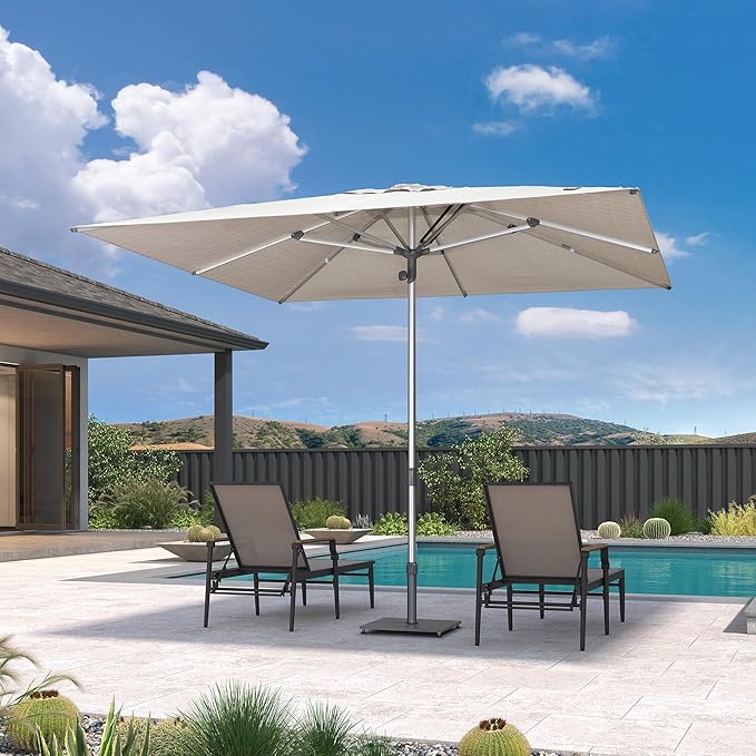 PURPLE LEAF 10 X 10 FT Semi-Auto Outdoor Patio Umbrella Market Table Sun Umbrellas with 8 Aluminum Sturdy Ribs for Backyard Deck Garden Pool (Silver Pole Beige Canopy)