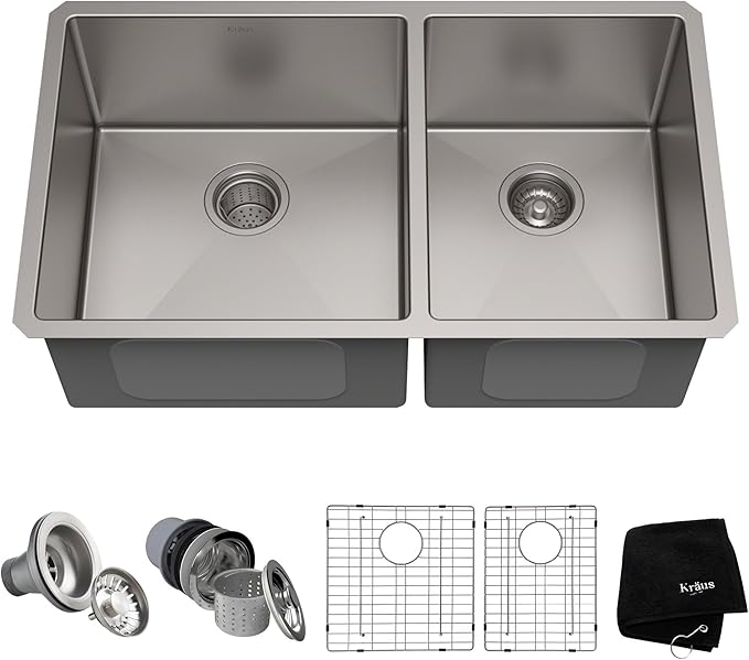Kraus Kitchen Sinks Undermount - 33 Inch Stainless Steel Kitchen Sink, 60/40 Double Bowl, 16 Gauge, Model KHU103-33