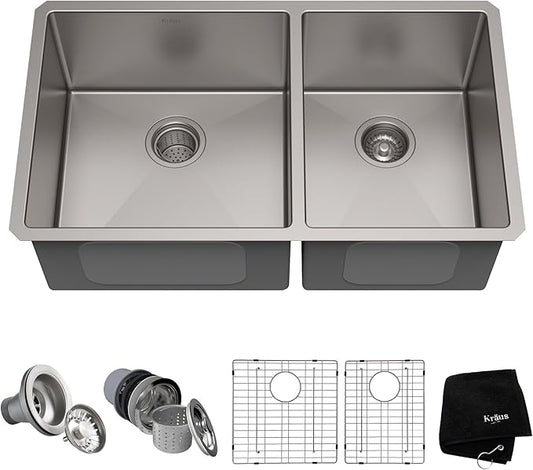 Kraus Kitchen Sinks Undermount - 33 Inch Stainless Steel Kitchen Sink, 60/40 Double Bowl, 16 Gauge, Model KHU103-33